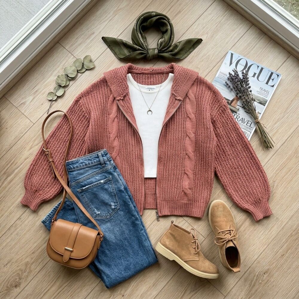Mauve Cable Knit Zip Up Hoodie Sweater Jacket Chunky Fall Cozy